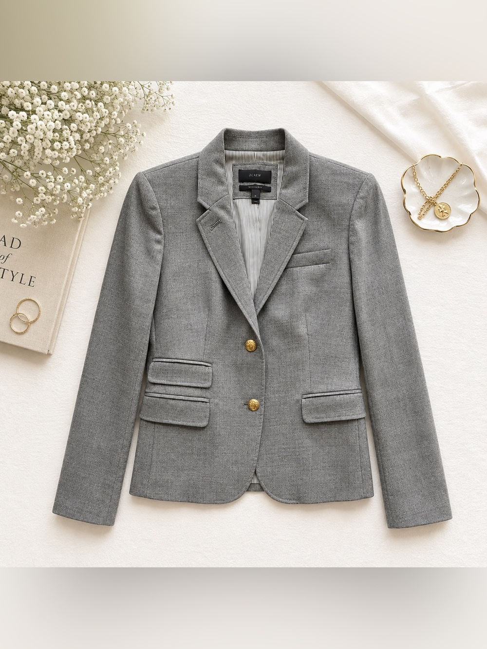 J.Crew Schoolboy Blazer Women’s Size 6 Gray Wool Gold Crest Buttons